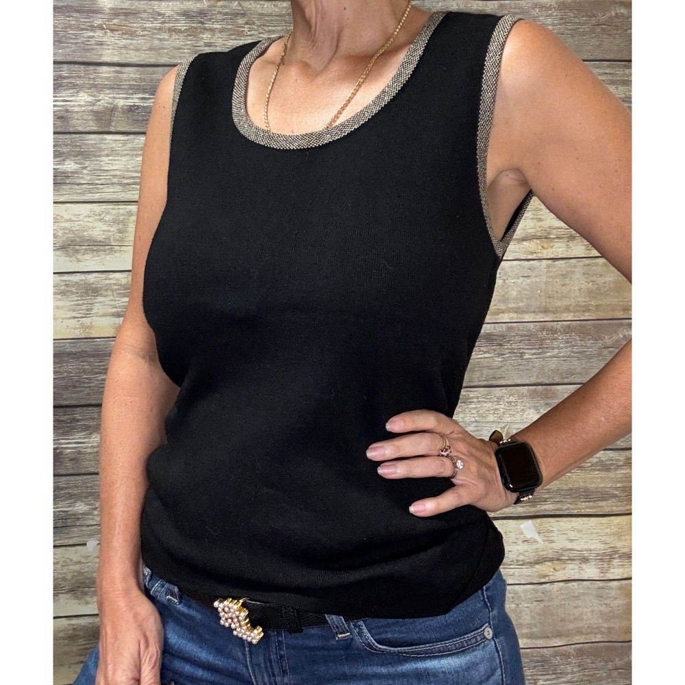 Jones New York Black Knit Shell Tank Top Gold Trim Sleeveless Top M Medium
